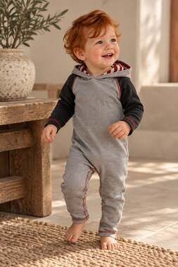 Burt's Bees Baby Hooded Romper 12M Gray Black Red Striped Long Sleeve One Piece